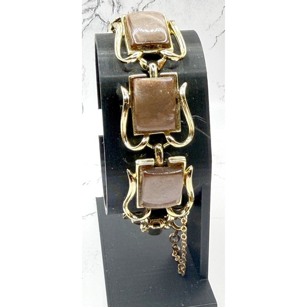 Vintage Signed Coro Thermoset Bracelet Brown Lucite Gold Tone Safety Chain
